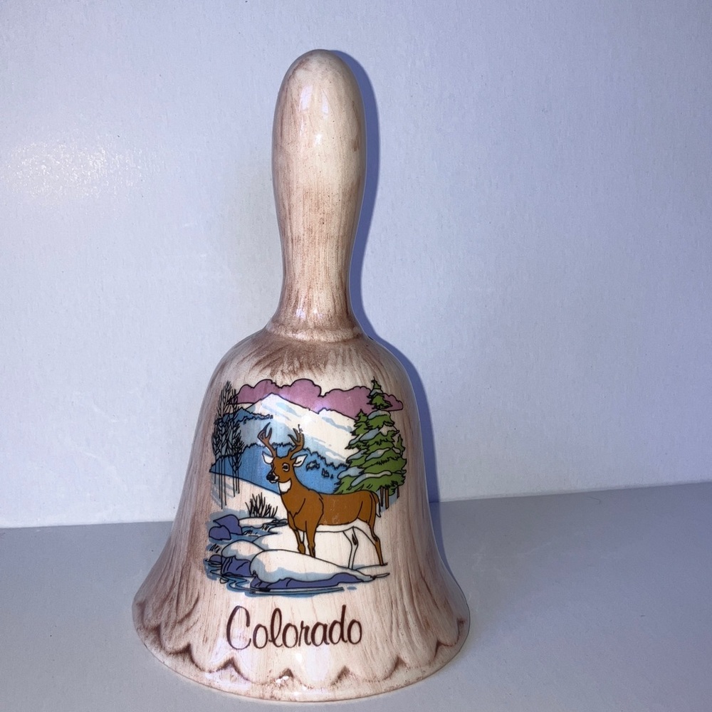 Colorado Souvenirβ Ceramic Bell with Deer and Snowy Mountain Design